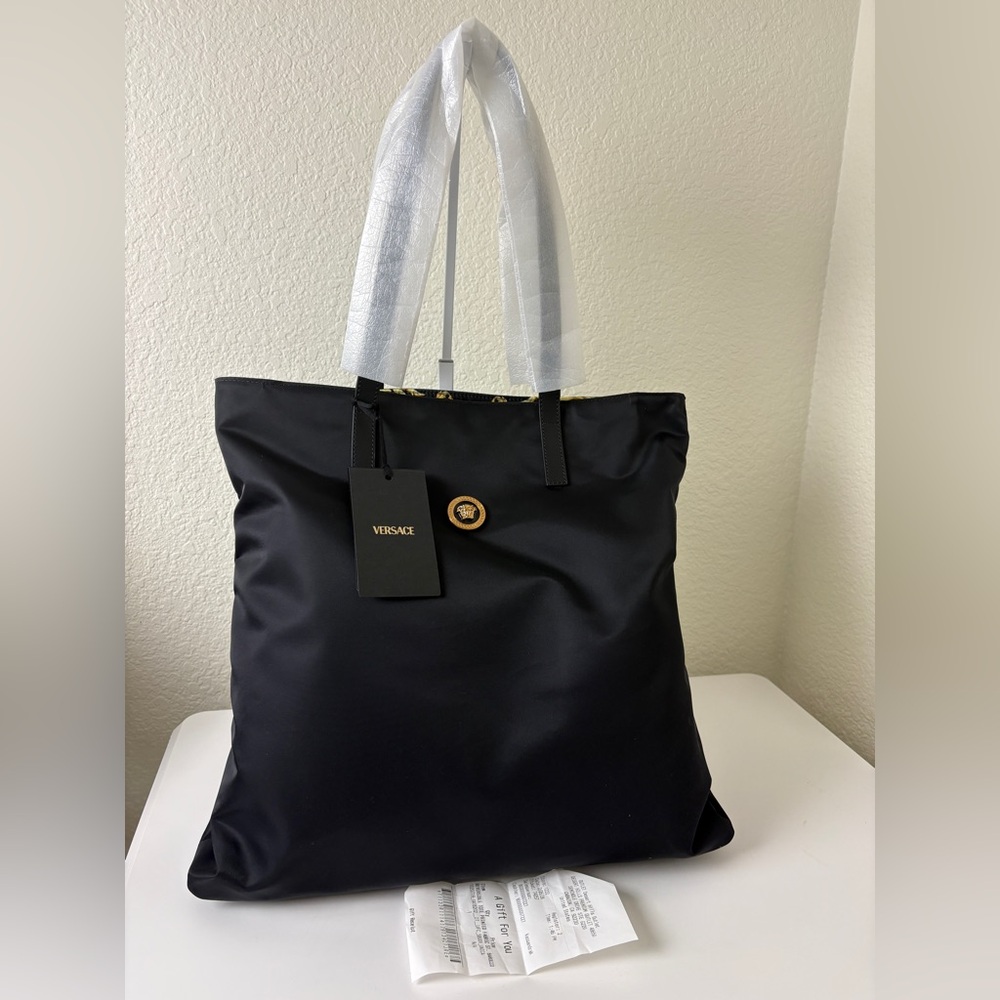 ❌Sold-Versace Reversible Black Tote with Gold Accent